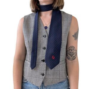 Vintage 80s Christian Dior Red Blue Polka Dot Logo Cotton Preppy Academic Tie